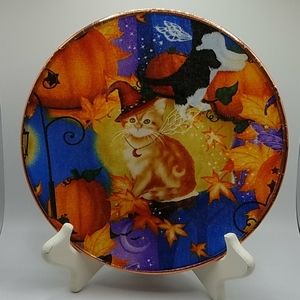Hand Crafted Glass Decoupage Halloween Orange Kitten 8" Plate